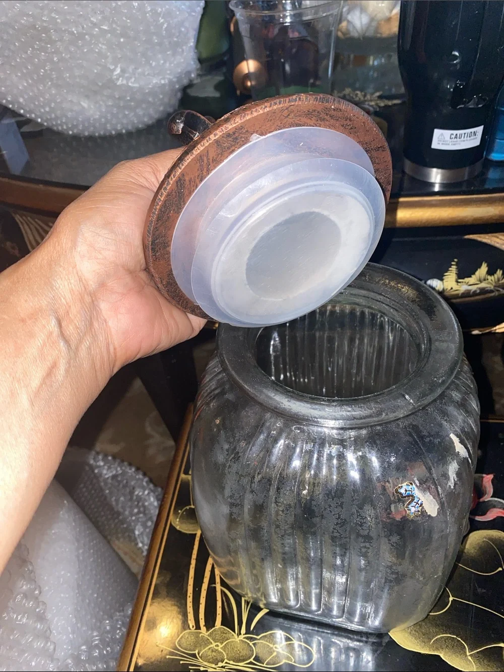 Vintage 14” Decorative Clear Glass Jar with Antique Bronze Lid - Home Accents - Picture 2 of 7